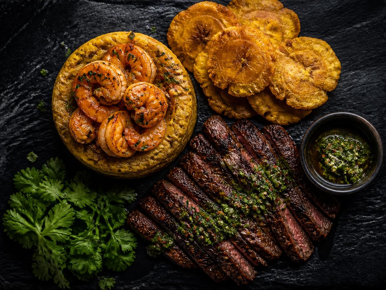 Mofongo with garlic shrimp, tostones and churrasco with chimichurri on slate
