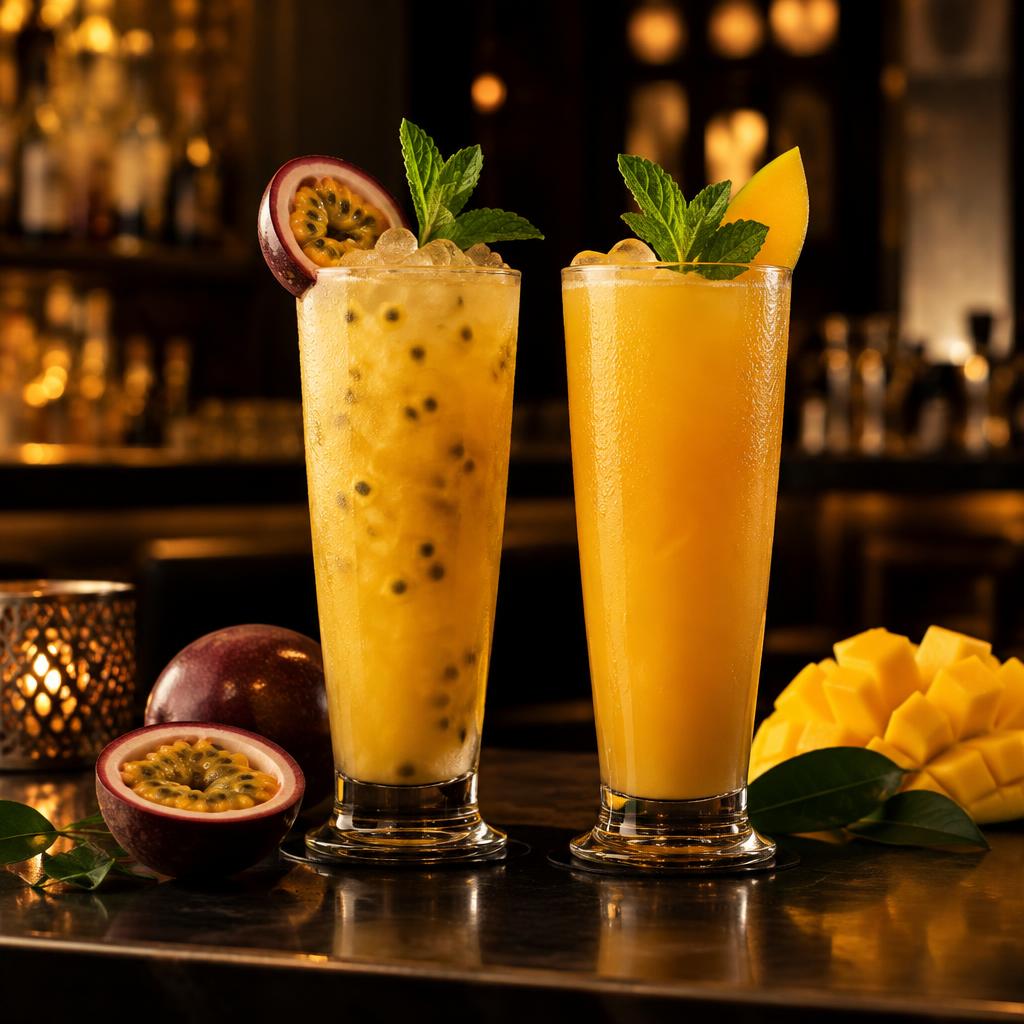 Passion fruit and mango juices in tall glasses