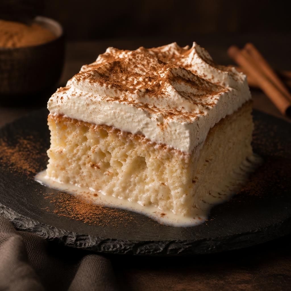 Slice of tres leches cake dusted with cinnamon